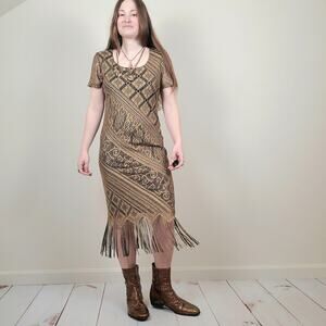 Vintage 80s 90s Sparkle Crochet Fringe Midi Dress Gold Black Small